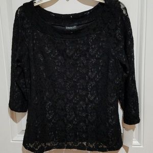 Black Lace 3/4 Sleeve Boat Neck Blouse
